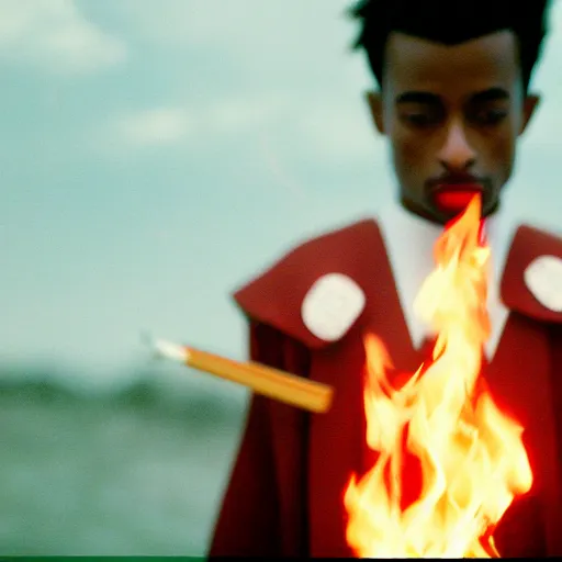 Prompt: cinematic film still of Playboi Carti starring as a Japanese Sensei with fire, Japanese CGI, VFX, 2003, 40mm lens, shallow depth of field, film photography