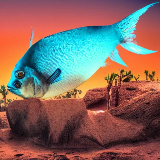 Image similar to a high resolution photo of a beautiful muscular fish watching the end of the universe in the desert