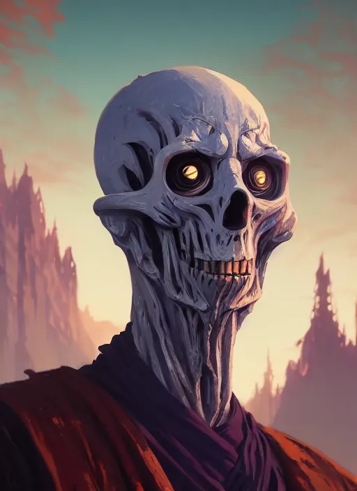 Image similar to Highly detailed portrait of a Lich, in GTA V, Stephen Bliss, unreal engine, fantasy art by Greg Rutkowski, Loish, Rhads, Makoto Shinkai and Lois van baarle, ilya kuvshinov, rossdraws, Tom Bagshaw, global illumination, radiant light, detailed and intricate environment