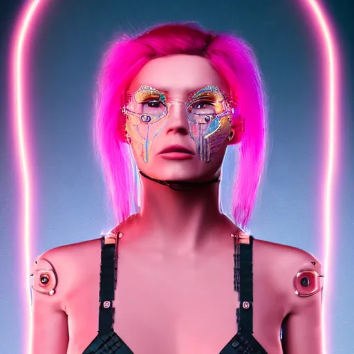 Image similar to portrait of a beautiful mexican woman with pink hair as a cyberpunk cyborg half robot, revealing wires and electronics, circuit boards, wire management, sci - fi, missing panels, intricate abstract upper body intricate artwork, concept art, octane render, deviantart, cinematic, key art, hyperrealism, iridescent accents, portrait photograph, nikon 3 5 mm, photograph by greg rutkowski