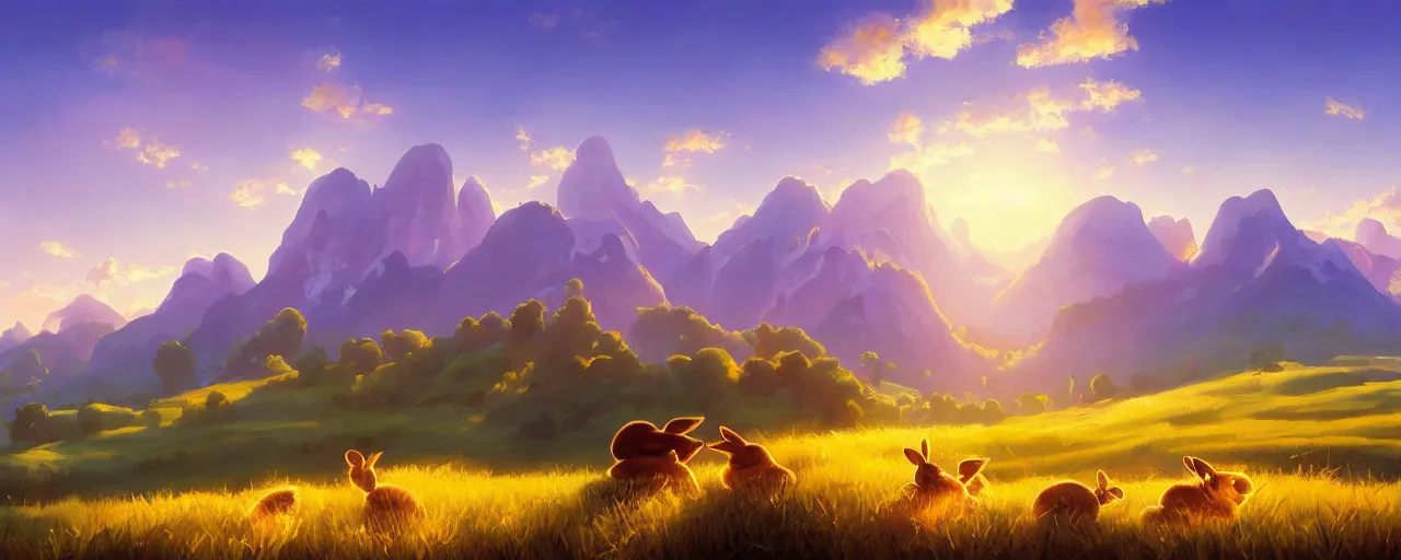 Image similar to bunnies hopping around in a beautiful nature landscape with clouds, mountains, in background, sunset, by rhads