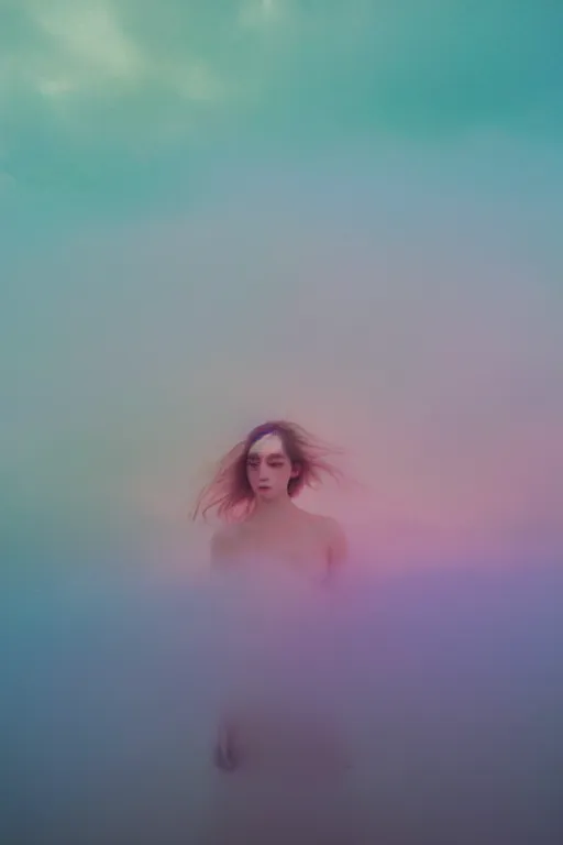 Image similar to high quality pastel coloured film close up wide angle photograph of a model wearing clothing swimming on cloud furniture in a icelandic black rock!! environment in a partially haze filled dreamstate world. three point light, rainbow. photographic production. art directed. pastel colours. volumetric clouds. pastel gradient overlay. waves glitch artefacts. extreme facial clarity. 8 k. filmic.