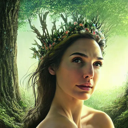 Image similar to Portrait of the beautiful woman Gal Gadot as a forest nymph, she is posing, she has a crown of flowers, she is sitting on an ancient forest, there is fog and lots of extravagant leafs, she is getting ulluminated by the rays of the sunset, the photo was taking by Annie Leibovitz, matte painting, oil painting, naturalism, 4k, 8k