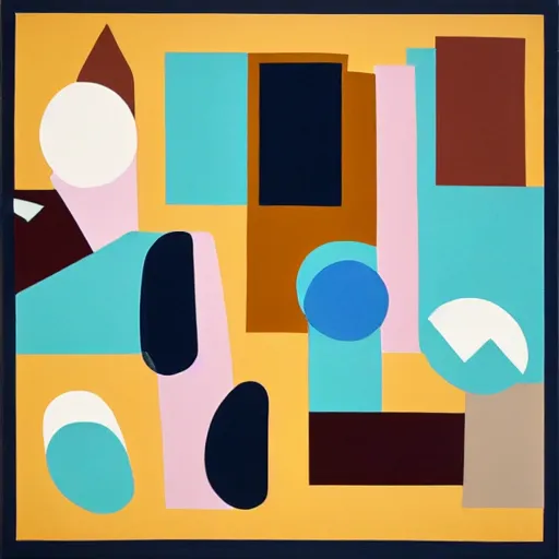Prompt: A painting of a phone in a persons hand, abstract painting in the style of Sophie Taeuber-Arp and Gary Hume and Tatsuro Kiuchi, flat colour-block style, geometric abstraction, dark earthy colours