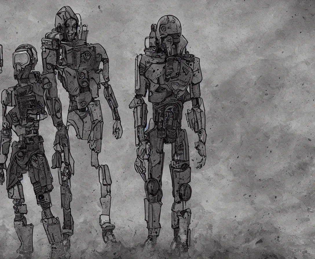 Prompt: androids in a post-apocalyptic world, desolate, sandy, foggy, borderlands art style