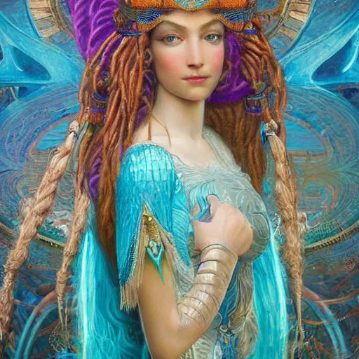 Prompt: artstation, intricate details, hyper details, by gaston bussiere and sandro botticelli, tan skin sumerian mystic lady of elche, egyptian sumerian features, techno mystic princess intergalactica, with aqua neon rapunzel dreadlocks,