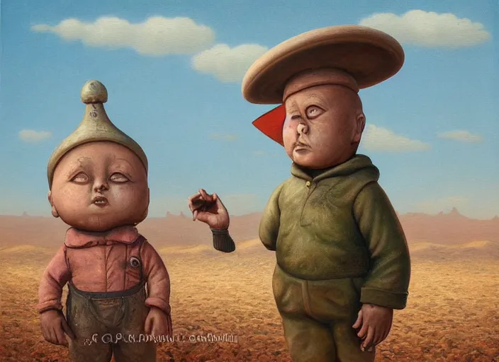 Prompt: a forgotten garden gnome in a vast barren desert, hopeless wasteland background with a relentless raging sun overhead, an ultrafine detailed painting by mark ryden, trending on deviantart, pop surrealism, whimsical, lowbrow, perfect symmetrical face