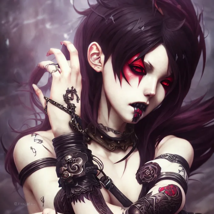 Image similar to anime female, fangs, goth, tattoos, leather, fantasy, intricate details, eerie, highly detailed, octane render, 8 k, art by artgerm and alphonse mucha and greg rutkowski
