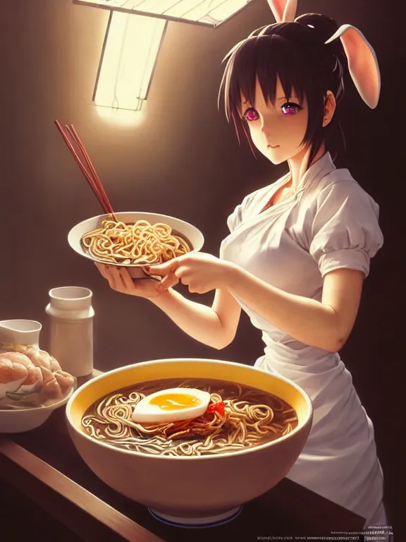 Prompt: full body picture of a rabbit ear girl making a ramen, bored, beautiful and aesthetic, intricate, unreal engine, neat hair, highly detailed, detailed face, smooth, sharp focus, chiaroscuro, manga illustration, artgerm, greg rutkowski, ilya kuvshinov, rossdraws, alphonse mucha, young adult light novel cover art