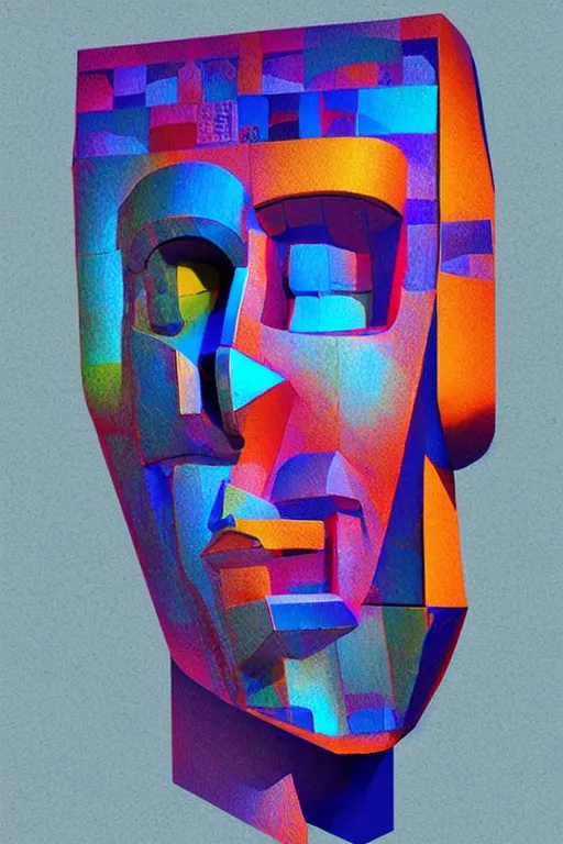 Image similar to cubist moai statue cutout digital illustration cartoon colorful beeple