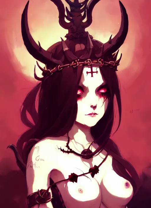 Prompt: cute succubus girl with crown of thorns and horns with runic tattoos, dark fantasy, by atey ghailan, by greg rutkowski, by greg tocchini, by james gilleard, by joe gb fenton, by in kaethe butcher, dynamic lighting, gradient light red, brown, blonde cream and white color in scheme, grunge aesthetic