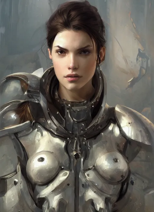 Image similar to a professional painting of a beautiful young female, clothed in military armor, olive skin, long dark hair, beautiful bone structure, symmetrical facial features, intricate, elegant, digital painting, concept art, smooth, sharp focus, illustration, from Metal Gear, by Ruan Jia and Mandy Jurgens and Artgerm and William-Adolphe Bouguerea