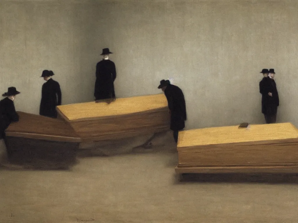 Prompt: Interior full of wooden coffins. Grazing, harsh light. Painting by Vilhelm Hammershoi