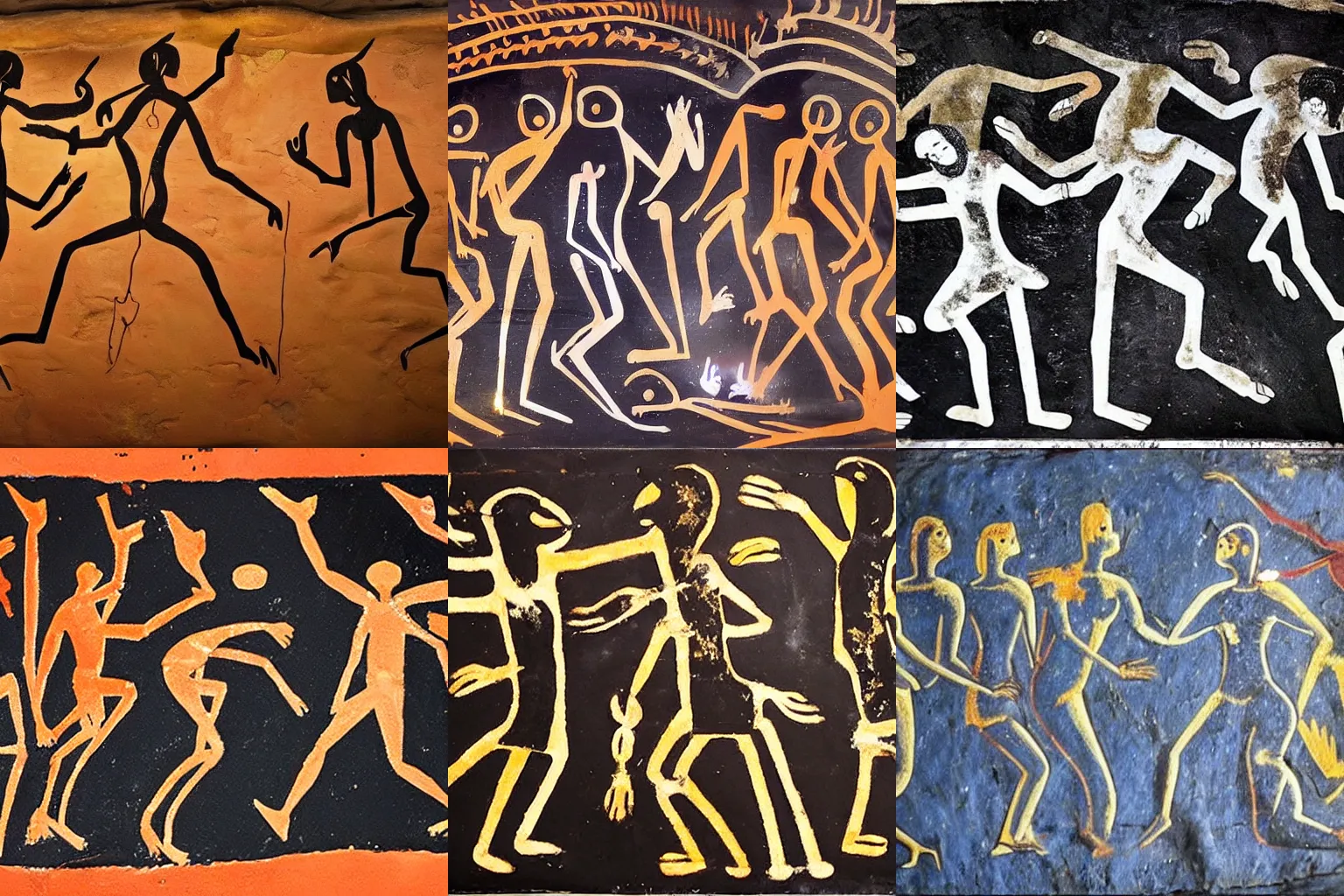 Prompt: Prehistoric cave painting depicting a disco dance party