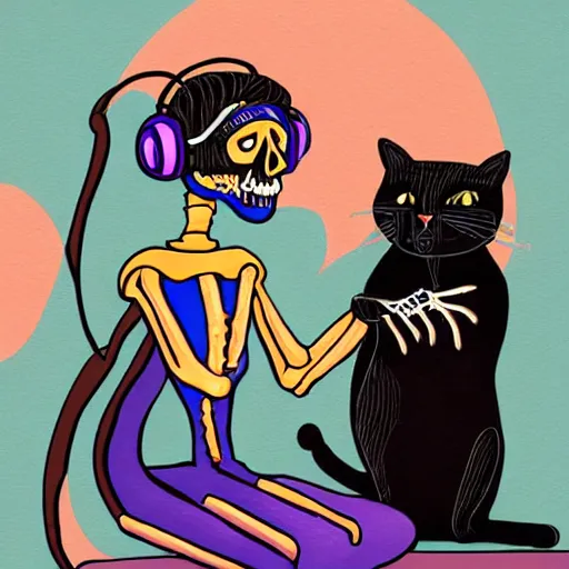 Image similar to skeleton wearing headphones watching girl playing guitar with her black cat standing next to her, digital art