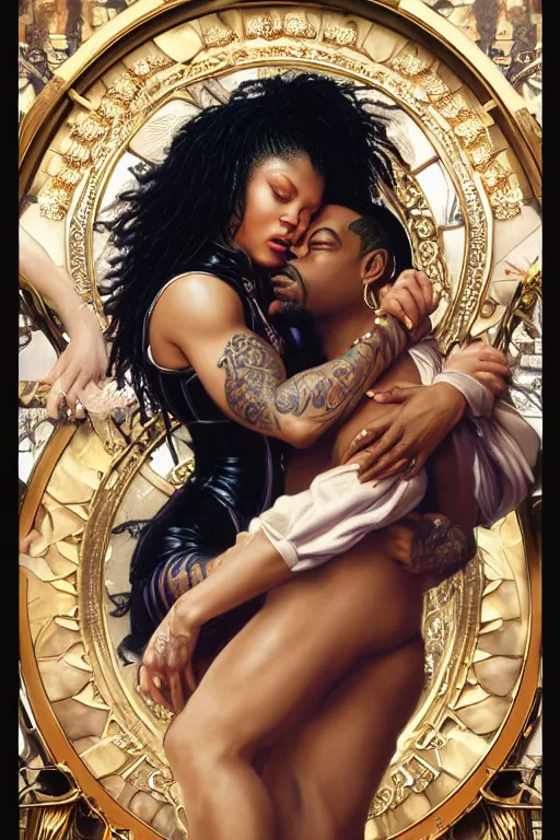 Image similar to Full View of Janet Jackson kissing Busta Rhymes, tattoos, Short Puffy pants made of silk, posing on the bar of a night club overlooking a dance floor. masterpiece 8k digital illustration by Ayami Kojima and Ruan Jia and Mandy Jurgens and Artgerm and william-adolphe bouguereau, award winning, Artstation, art nouveau aesthetic, Alphonse Mucha background, intricate details, realistic, panoramic view, Hyperdetailed, high quality, 8k resolution, intricate art nouveau, in american style pin up.anatomically correct