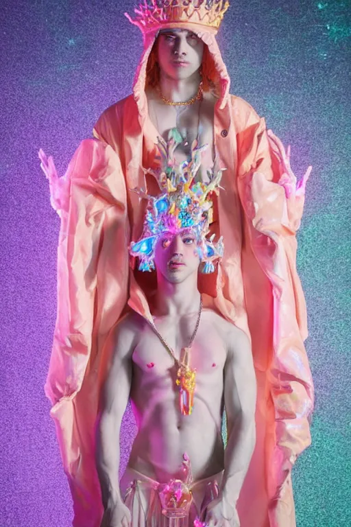 Image similar to full-body rococo and cyberpunk delicate neon crystalline sculpture of ((young muscular golden albino prince Joe Jonas)) as an iridescent humanoid deity wearing ((peach plastic hooded cloak)) (holding a human skull) in a white castle dungeon, reclining, glowing pink face, crown of (pink lasers), large blue diamonds, swirling black silk fabric. futuristic elements. oozing glowing liquid, full-length view. space robots. intricate artwork by caravaggio. Trending on artstation, octane render, cinematic lighting from the right, hyper realism, octane render, 8k, depth of field, 3D