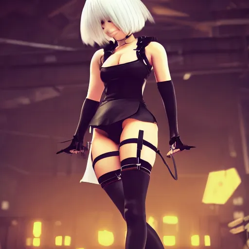 Image similar to 2B from nier automata wearing short clothes , 4k, unreal engine render, trending in artstation, artstationHD, artstationHQ