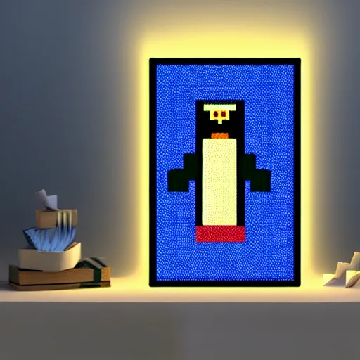Prompt: pixel art penguin climbing a tall mountain backlit with blue light at midnight