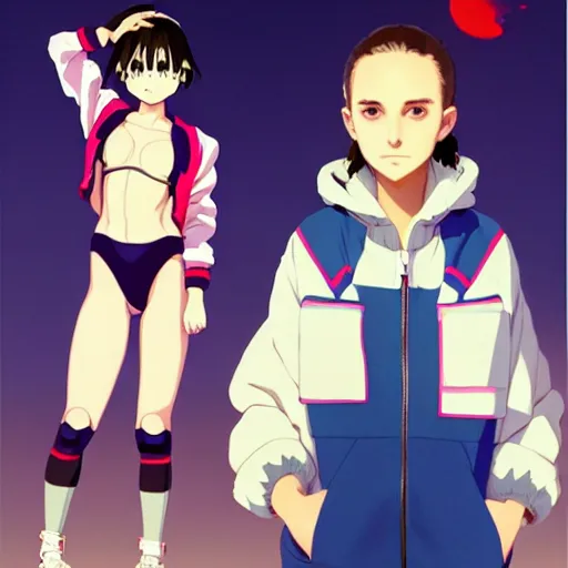 Image similar to a beautiful boyish natalie portman gravure model, wearing oversized mayan bomber jacket and leotard with overalls, bulky poofy bomber jacket with mesoamerican patterns, mesoamerican street fashion, gapmoe yandere grimdark, trending on pixiv fanbox, painted by greg rutkowski makoto shinkai takashi takeuchi studio ghibli, akihiko yoshida