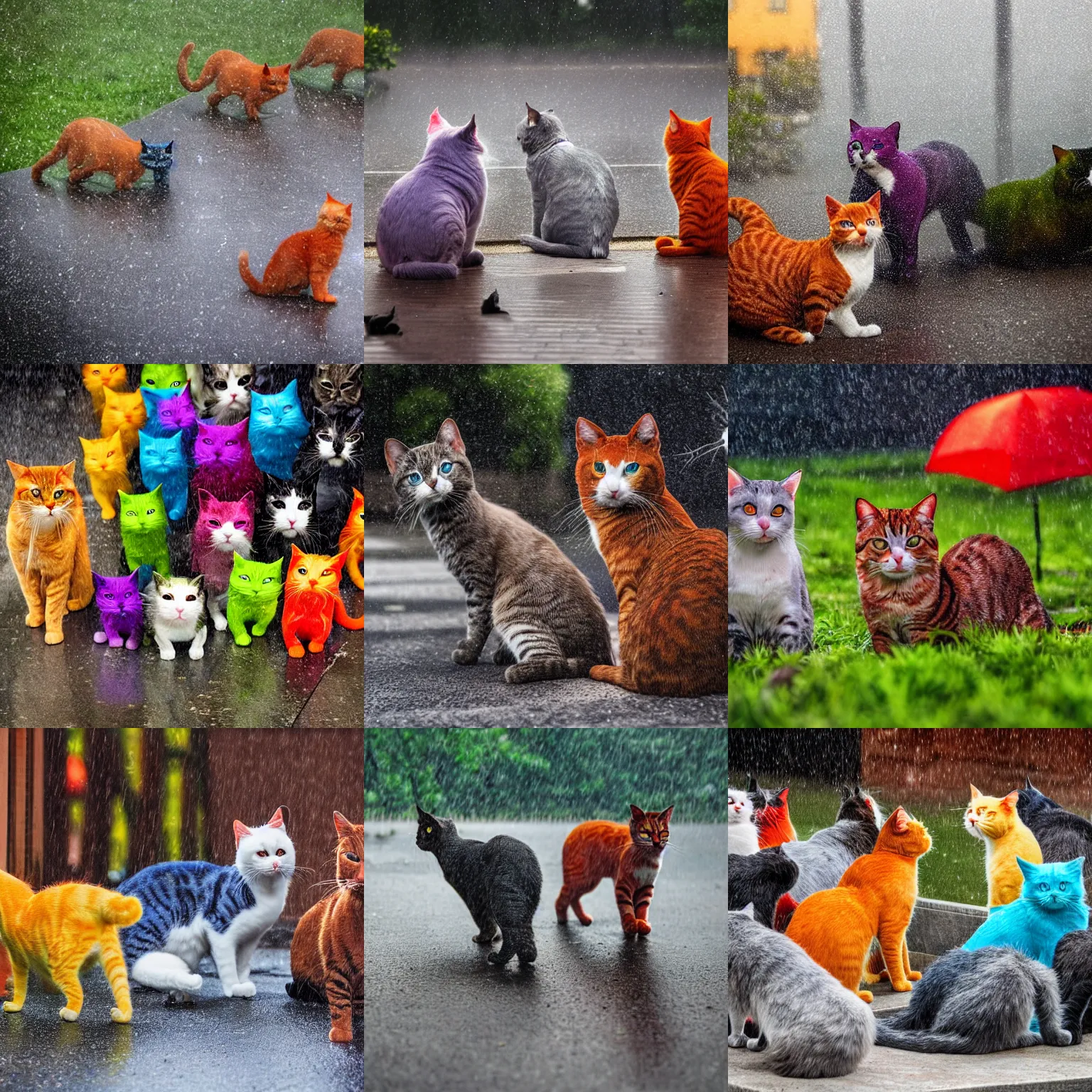 Prompt: daytime outdoor photograph of colorful cats in the middle of the storm, thunder, lightning