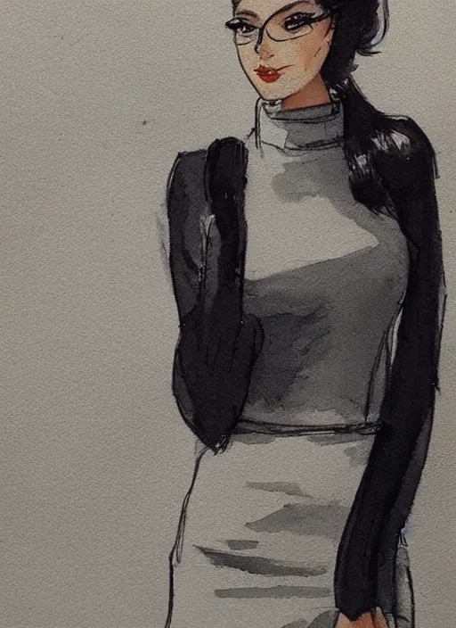 Image similar to concept art of a modern office life, young attractive business woman in pencil miniskirt and sleeveless turtleneck, pinterest, artstation trending, behance, watercolor, by coby whitmore, silver, laser light,