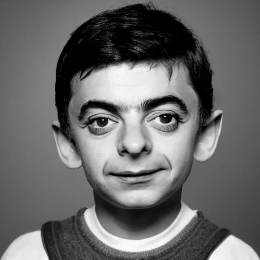 Prompt: a face portrait of rowan atkinson at 6 years old. photography.