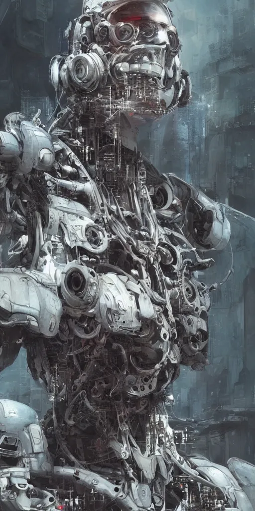 Prompt: digital artwork, illustration, cinematic camera, a cyborg pilot in the cockpit of a mech, intricate machinery, biomechanics, the ghosts in the machine, cyberpunk concept art by artgerm and Guy Denning and Greg Rutkowski and Ruan Jia, highly detailed, intricate, sci-fi, sharp focus, Trending on Artstation HQ, deviantart