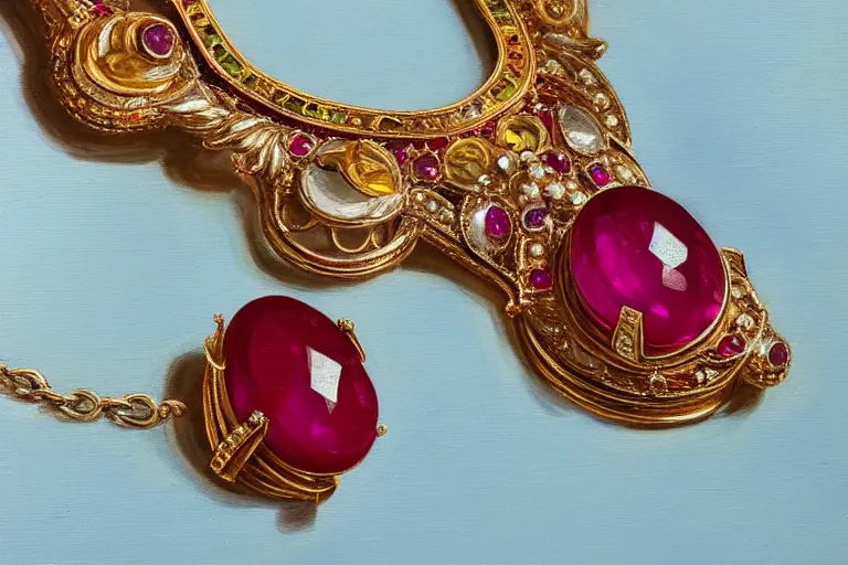 Image similar to highly detailed oil painting, front view, very realistic gemstones, art nouveau, ornate, delicate, brilliant ruby necklace, necklace on display, dramatic light,