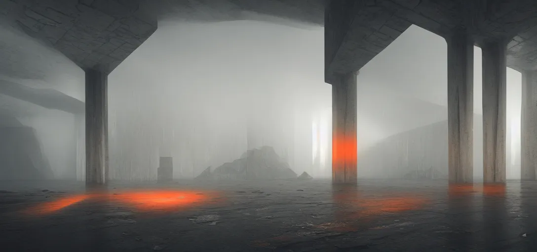 Prompt: dramatic view of empty brutalist underground structure, giant towering pillars, orange fog, unreal engine, dramatic lighting, detailed, ambient occlusion, global illumination, god rays, 3 d artstation render by greg rutowski and jessica rossier