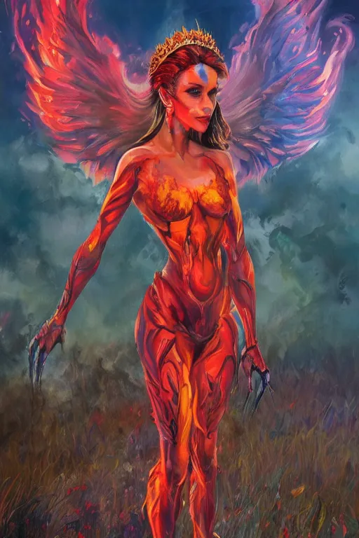 Image similar to a painting of beautiful full body concept art, ultra beautiful face, queen of hell wearing full fire clothing standing in a field