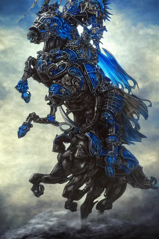 Prompt: a full body shot of an azure knight riding a mechanical steampunk horse across the sky by Kentaro Miura, Wolf themed armour, moonlit, colored by Ronda Pattison, heavy armor, blue flame trail, dark colors, highly detailed, trending on artstation, CGsociety, exquisite detail, post-processing, masterpiece, volumetric lighting, cinematic, hypermaximalistic, high details, cinematic, 8k resolution, beautiful detailed, insanely intricate details