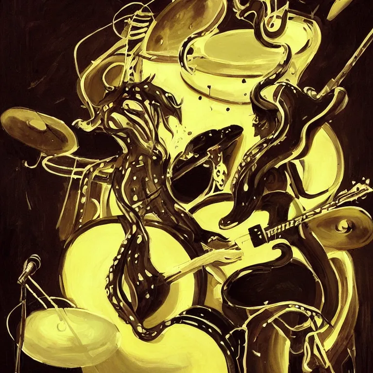 Prompt: a beautiful painting by greg tocchini of an octopus playing drums and telecaster guitar in an electronic concert, dark background, concert light, dark mood, warm lights