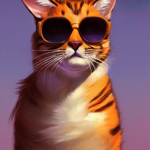 Prompt: high quality art of a cat wearing sunglasses. By Makoto Shinkai, Stanley Artgerm Lau, WLOP, Rossdraws, James Jean, Andrei Riabovitchev, Marc Simonetti, krenz cushart, Sakimichan, trending on ArtStation, digital art