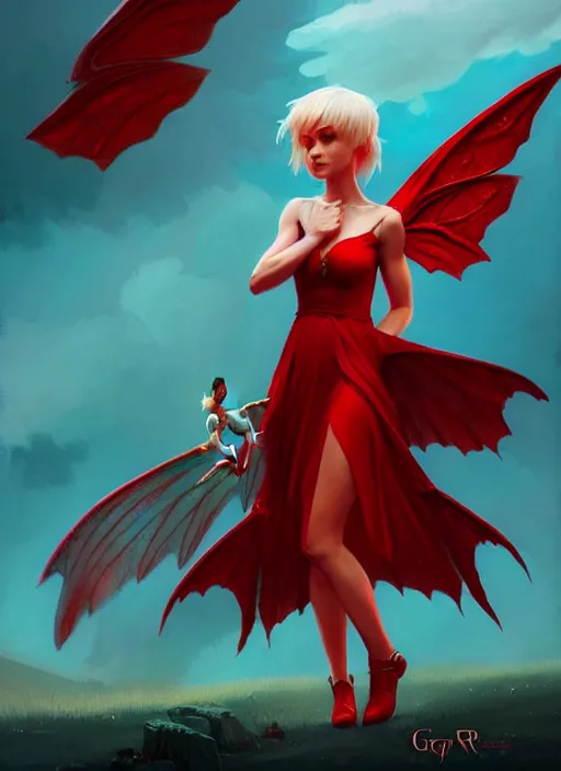 Image similar to Full-body illustration of tiny pixie, D&D fantasy, wearing a red dress, with large wings, intricate, highly detailed, digital painting, artstation, concept art, sharp focus, illustration, art by greg rutkowski and Ross Tran