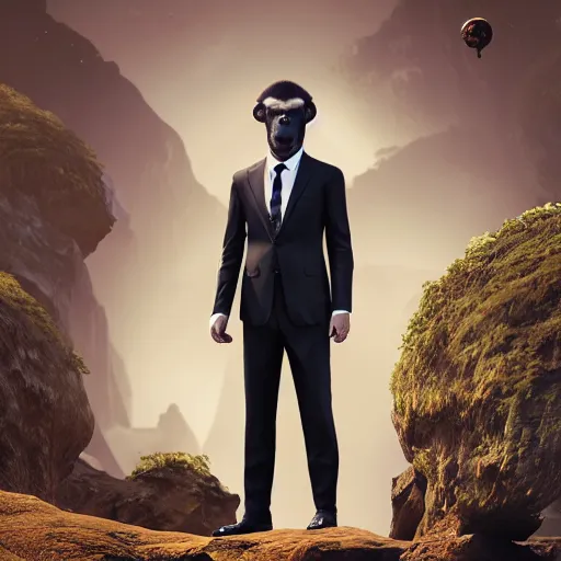 Image similar to Monkey in a suit landscape by Maciej Kuciara, 8k ultra high definition, upscaled, perfect composition , golden ratio, image credit nat geo