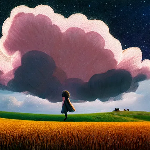 Image similar to giant daisy flowers as a head, girl walking in wheat field, hills, surreal photography, dark night, star trails, impressionist painting, dramatic clouds, digital painting, artstation, simon stalenhag