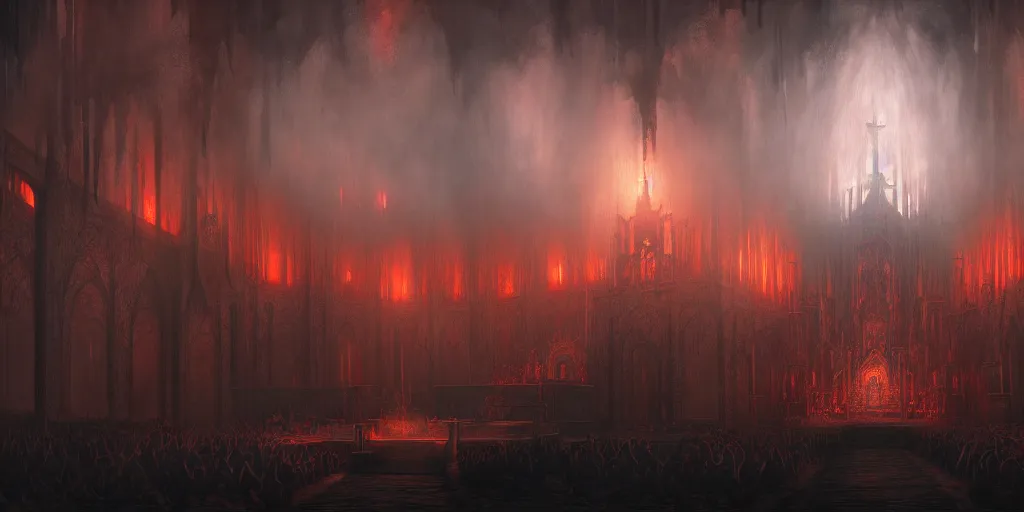 Image similar to breathtaking detailed concept art painting of a dark ritual church in hell, by hsiao - ron cheng, bizarre compositions, exquisite detail, extremely moody lighting, 8 k