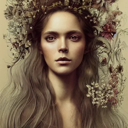 Image similar to portrait of a young pretty woman in flowing dress, arrogant, mysterious, long fine flowing hair, delicate, looking at camera, realistic face, intricate, stylish, elegant, grimdark, flowers, extremely detailed photograph by Martine Johanna and Ernst Haeckel and Greg Rutkowski