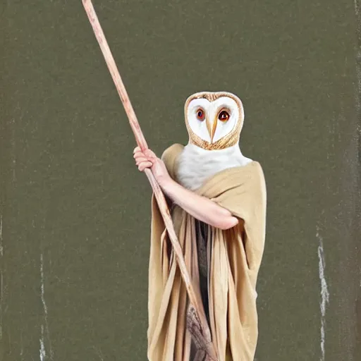 Image similar to humanoid barn owl wearing a roman toga and holding a javelin