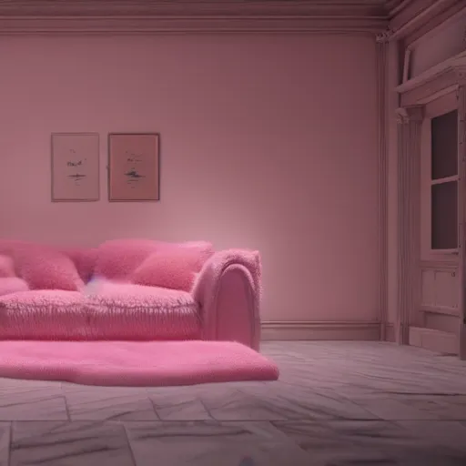 Image similar to extremly detailed house made of pink fluffy fur, photorealistic, high details, 8 k, sharp focus, octane render, volumetric light