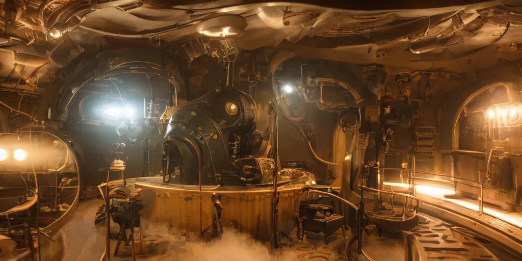 Image similar to photograph of a dieselpunk submarine interior set design, cinematic lighting, haze, arri alexa, anamorphic bokeh, 4 k, graded with davinci resolve