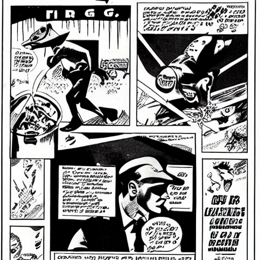 Prompt: 1950's comic book about mobster frogs, single frame, black and white, highly detailed, gritty