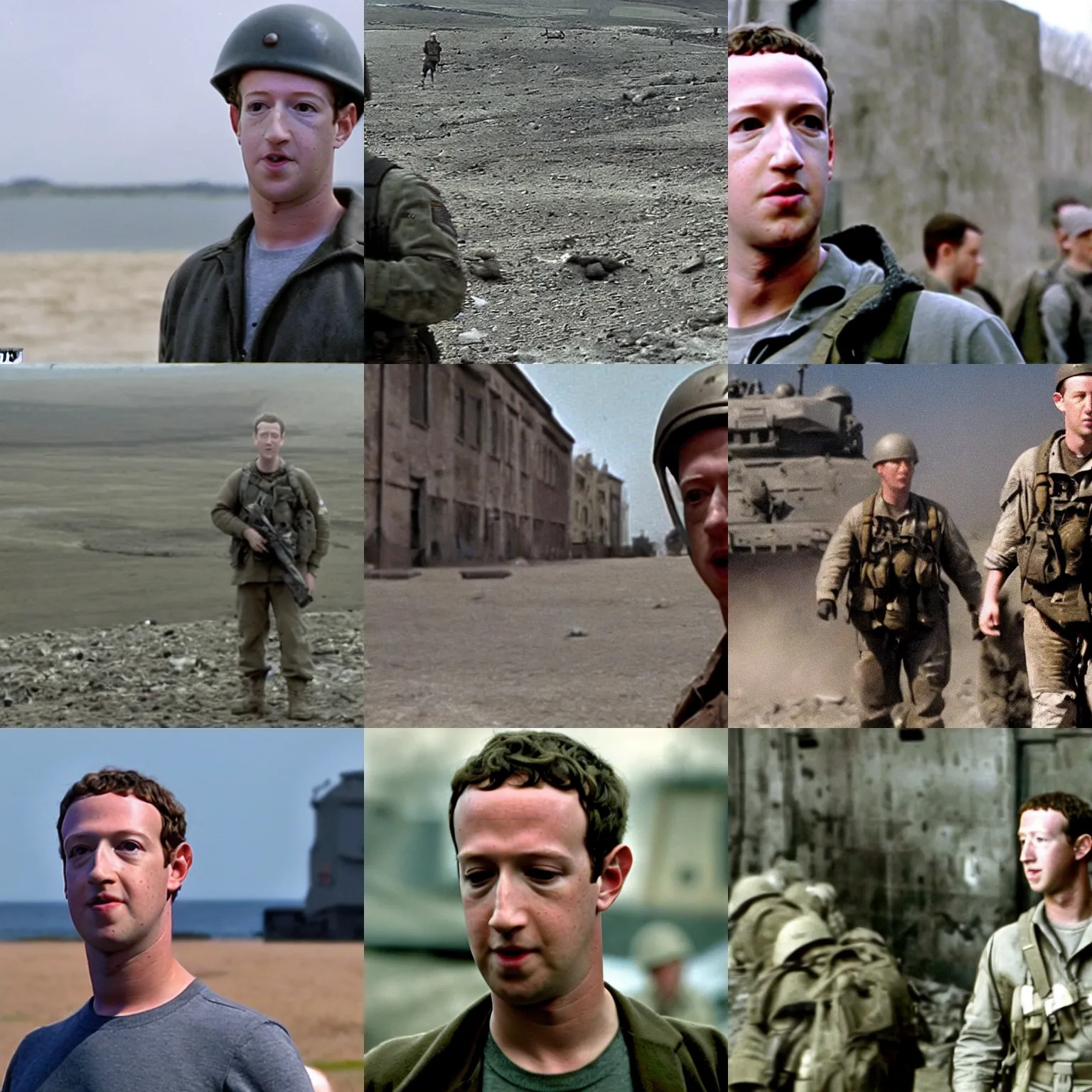 Prompt: Movie still of Mark Zuckerberg in Saving Private Ryan, establishing shot