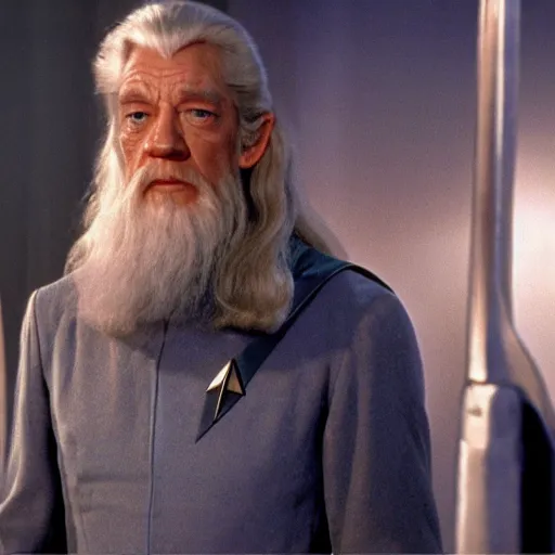 Image similar to A still of Gandalf as Captain Kirk on Star Trek, sharp focus, high quality, 4k