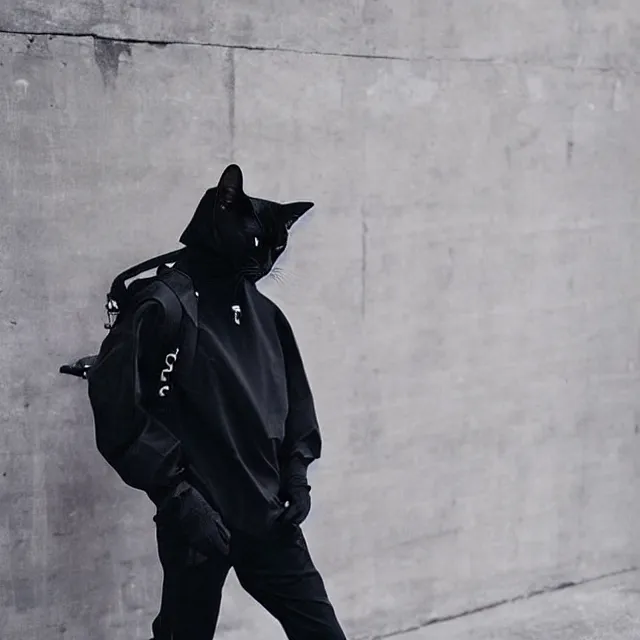 Image similar to a black cat wearing techwear, stylish, instagram, fashion design
