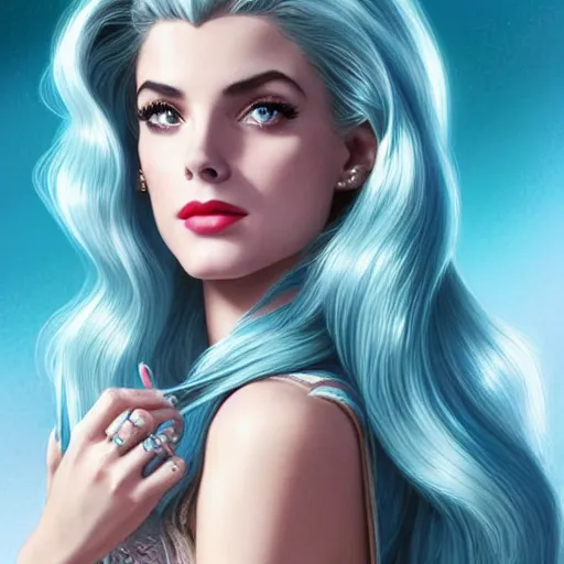 Image similar to A combination of Grace Kelly's and Katherine McNamara's and Ashley Greene's faces with blue hair as She-Ra, western, D&D, fantasy, intricate, elegant, highly detailed, digital painting, artstation, concept art, matte, sharp focus, illustration, art by Artgerm and Greg Rutkowski and Alphonse Mucha