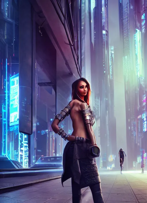 Image similar to photo of a beautiful woman walking through a cyberpunk city, full body, hyper realistic, 8 k, dslr, unreal engine, highly detailed, science fiction portrait by laura sava