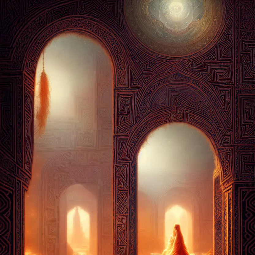 Prompt: magic fluffy Persian carpet & mirror dimension, vertical labyrinth structure, by Greg Rutkowski and Gaston Bussiere, dim lighting, beautiful volumetric-lighting-style atmosphere, surreal atmosphere, intricate, detailed, photorealistic imagery, artstation