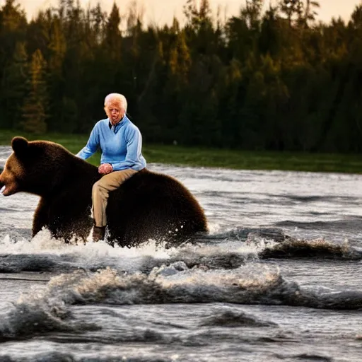 Image similar to high quality photograph of joe biden riding a bear across a river, golden hour